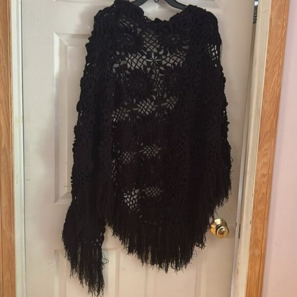 Vintage Hand Crocheted Fringed Black 3D floral Shall